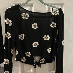 Black floral open back tie long sleeve shirt